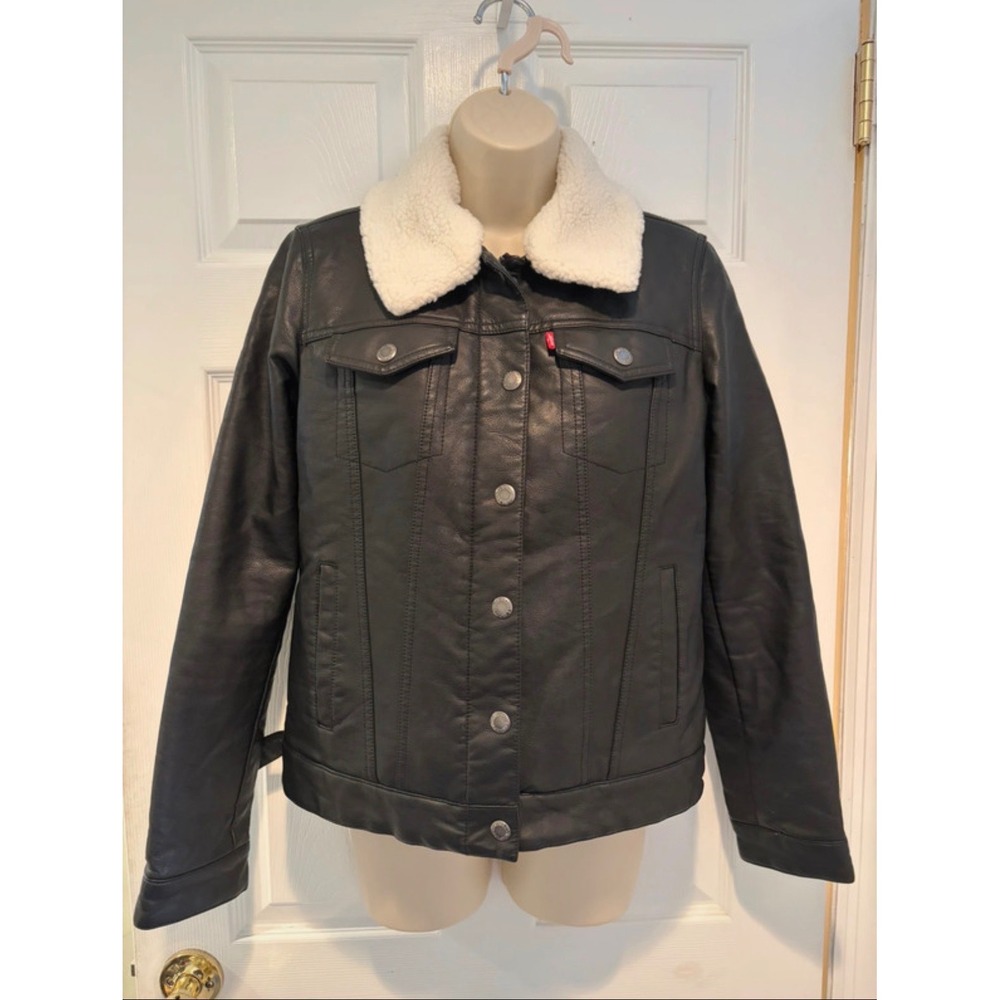 Levis Womens Sherpa Lined Faux Leather Trucker Jacket Black S Removable Collar